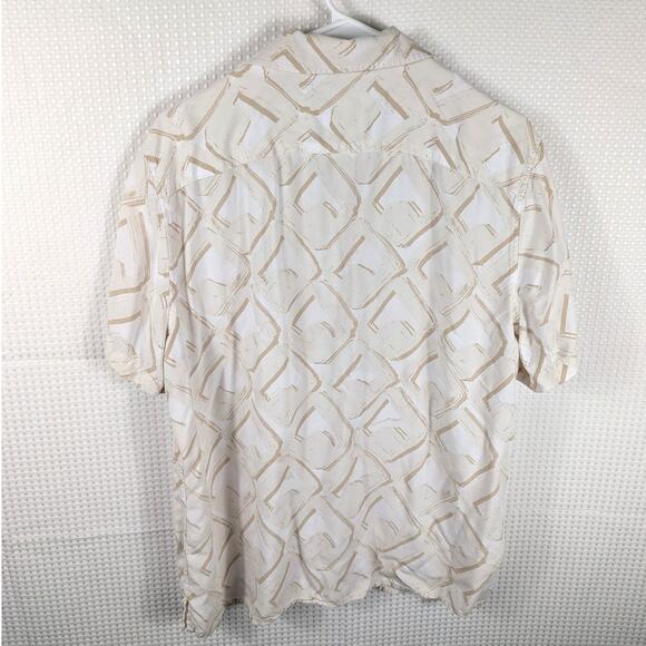 Perry Ellis L Geometric Shirt Mens Beige White Viscose Cuban Collar Retro Vtg - Picture 4 of 4